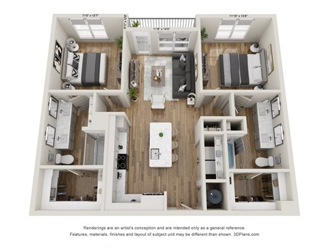 Floor plan for 2 beds, 2 baths, 1160 sqft